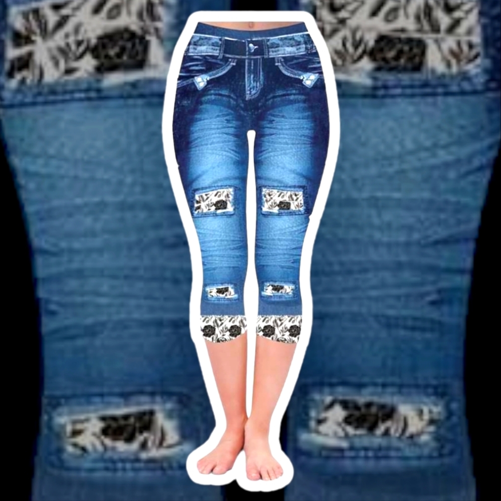 Faux denim floral peek-a-boo capri legging